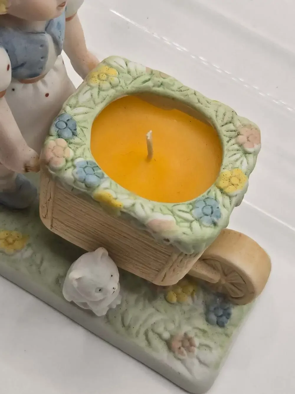 VTG Ceramic Girl with Wheelbarrow, Hand Poured Bees Wax Candle